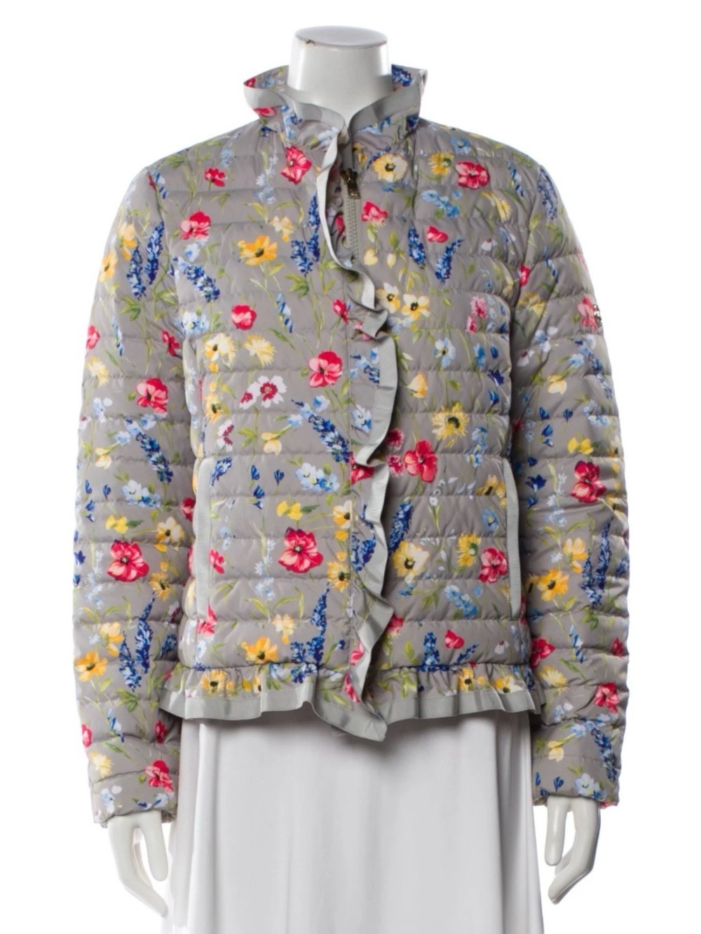 Escada Light Gray Floral Quilted Puffer Jacket with Ruffle Trim